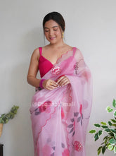 Gazing Soft Pink Rose Printed Pure Organza Saree